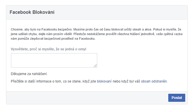 Facebook zablokoval moji URL adresu: Formulář Facebook Blocks